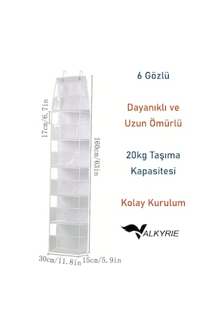 Valkyrie Kapı Arkası Organizer 6 Gözlü Askılı Dolap Düzenleyici Çok Amaçlı Kapı Arkası Raf Beyaz Beyaz