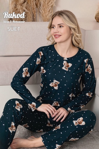 Rukod Kadın Uzun Kollu Ayıcık Desenli Bisiklet Yaka Süet Pijama Takımı Haki