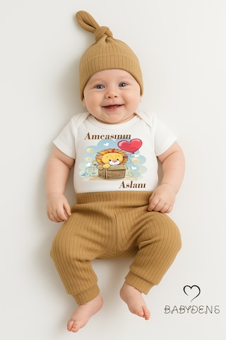 Babyden's Amcasının Aslanı Yazılı 3 Lü Bebek Takımı Kısa Kol Çıtçıtlı Body, Şapka Ve Fitilli Alt %100 Pamuk Zıbın Seti Kahverengi
