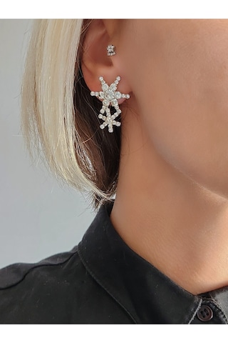 Kar Tanesi Model Kristal Taşlı Küpe Silver