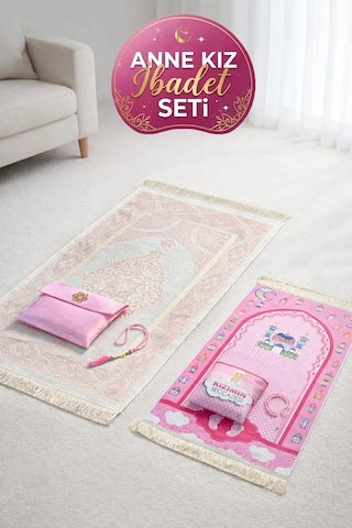 Anne Ve Kız Çocuk İbadet Seti - Tesbihli, Çantalı, Seccade Seti Pembe