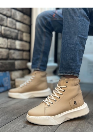 Ba0155 Bağcıklı Erkek Yüksek Taban Krem Beyaz Taban Spor Bot Renklı