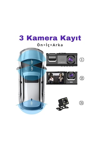Daytona A98 Balckbox Dvr Wifi Full Hd 1080p 3 Kameralı Araç İçi Güvenlik Kamerası + Park Modu Kablosu Ön-arka-i