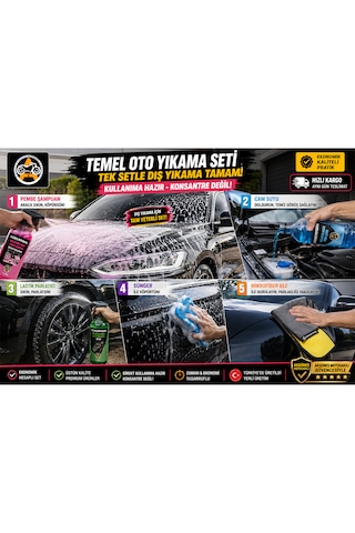 Akgüneş Motogaraj Temel Oto Yıkama Seti 5'li 1 Lt Kullanıma Hazır Pembe Araç Şampuanı + 1 Lt Cam Suyu + 1 Lt Lastik Parlatıcı + Mikrofiber Bez + Sünger Yerli Üretim Ekonomik Araç Bakım Seti
