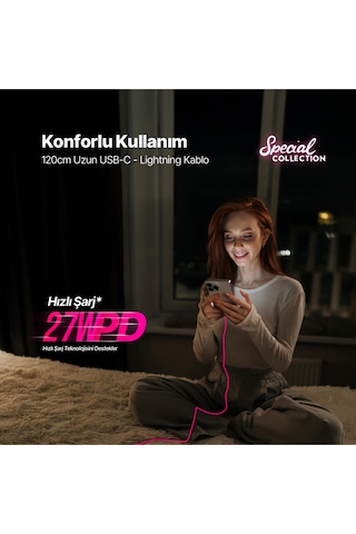 Ttec USB-C - Lightning Hızlı Şarj Kablosu 120 CM Neon Pembe