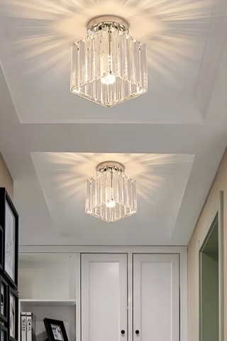 Meriva Model Modern Luxury Plafonyer Oda Hol Antre Koridor Salon Krom Kare Kristal Taşlı Avize Krom