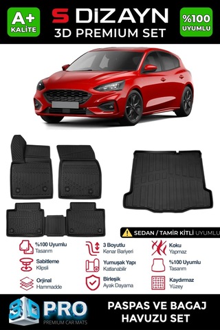 S-dizayn Ford Focus 4 Sedan 3d Pro Havuzlu Paspas Ve Bagaj Havuzu Seti 2'li Set Tamir Kitli 2019 Ü