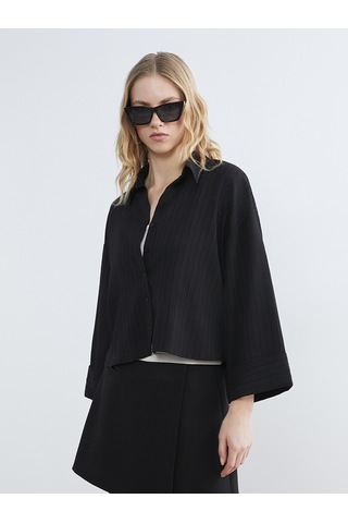 Lcw Vision Siyah Çizgili Oversize Kadın Gömlek