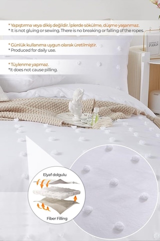 Evlen Home Pamuklu Emmy Yatak Örtüsü Seti Günlük Çift Kişilik Boho 3 Parça Dolgulu Tufting Beyaz Beyaz