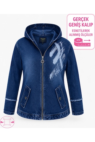 Büyük Beden Kapüşonlu Fermuarlı Baskılı Yan Cepli Denim Kadın Ceket Mavi