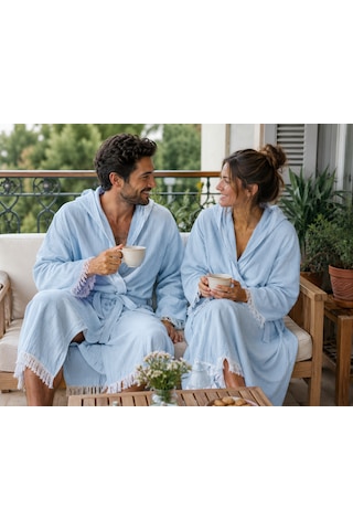 Aquatolıa Muslin Düz Desen Plaj, Sauna, Spa, Banyo Amaçlı Bornoz. Mavi
