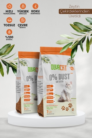 Olivacat Zeytin Çekirdeğinden Üretilen Doğal Tozsuz Kedi Kumu 2 x 7 L