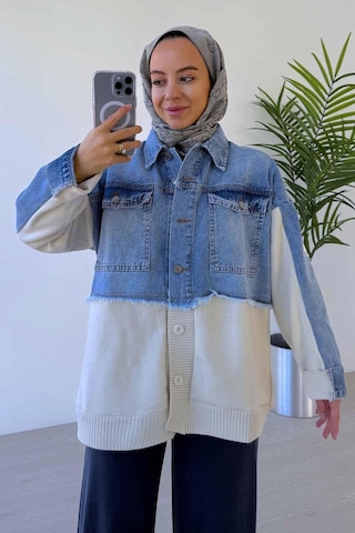 Ka Hijab Jean Detaylı Düğmeli Triko Hırka Mavi