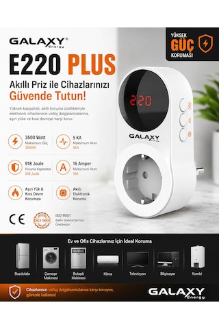 Galaxy Energy E220 Plus Akım Koruma Prizi 3500w 16a Dijital Ekranlı Akıllı Priz 918 Joule 5ka Korumalı 0