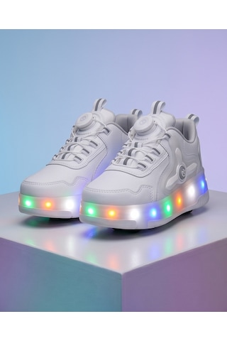 2256-n-drops Led Işıklı Çift Tekerlekli Akıllı Bağcıklı Unisex Çocuk Patenli Ayakkabı Beyaz