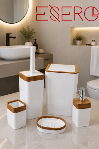 Dante 340 Ahşap Beyaz 5 Parça Lüks Banyo Seti Ahşap Desenli Çöp Kovası Wc Fırçası Sıvı Sabunluk Diş Fırçalık Sabunluk