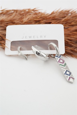 Kadın Altın Kaplama Kararmaz Vintage 3'Lü Zirkon Set Küpe Gümüş-M Altın