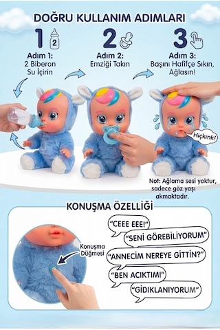 Konuşan Ve Gözyaşı Döken Kolları Ve Kafası Et Bebek Peluş Tulumlu 28 Cm Ağlayan Oyuncak Bebek Mavi
