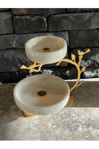 Mermer Dekoratif Gold Aksesuarlı Etajer 2 Katlı İkramlık / Sunum Beyaz