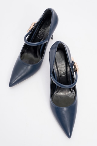 Luvishoes Luvi Shoes Pattaya Laci Cilt Taş Detaylı Kadın İnce Topuklu Ayakkabı Lacivert Deri