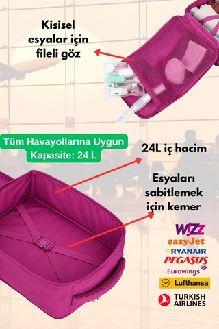 Jet Turtle Seyahat Sırt Çantası 40cm 40x25x15 Cm Pegasus, Wizz Air, Ryanair, El Valizi Koltuk Altı Valizi Koyu Pembe