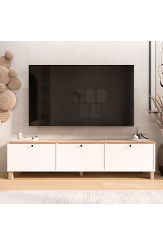 Robin Home Alaska Tv Ünitesi Sehpası 3 Kapaklı Ahşap Ayaklı 180cm Sepet-beyaz Beyaz
