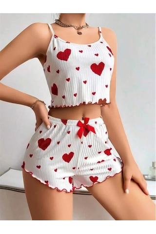 Atyticaret Kadın Pamuklu Beyaz Üstüne Kırmızı Desenli Askılı Şortlu Pijama Takımı