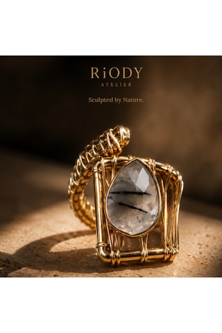 Riody Atelier El Yapımı Doğal Taş Yüzük Gold Tasarım Kadın Yüzük Sarı