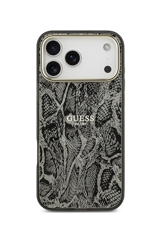 Apple Uyumlu iPhone 17 Pro Max Kılıf Guess Lisanslı M-safe Özellikli Yazı Logolu Python Desen Kapak Siyah Siyah