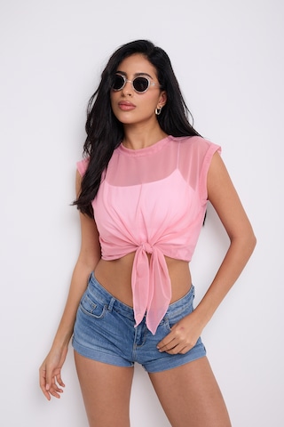 Önü Bağlamalı Tül Bluz Toz Pembe