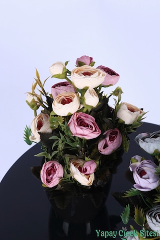 Yapay Çiçek Sitesi Plastik Saksıda Yapay Tomurcuklu Ranunkulus Tanzimi 2'li Set 30 Cm Pembe Krem - Lila