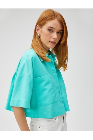 Koton Crop Oversize Gömlek Keten Karışımlı Cepli Mınt 3sak60017pw 3SAK60017PWMNT Mint Yeşili