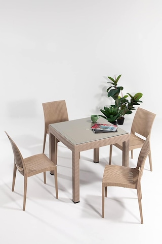 Rattan Small Camlı Cappucino Masa Takımı Bahçe&balkon 1 Camlı Masa + 4 Sandalye