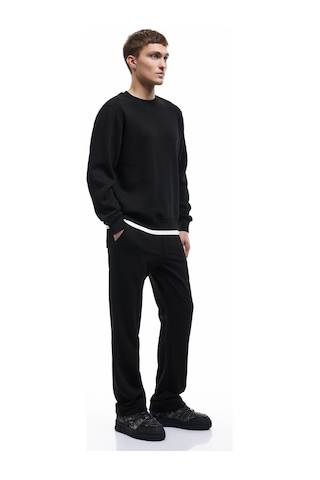 Koton Uzun Kollu Şardonlu Kumaş Detaylı Bisiklet Yaka Sweatshirt Siyah 6wam70070mk Siyah