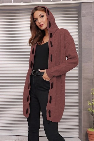 Aqe Fashion Kapüşonlu Kabartma Desenli Şerit Garnili Tarçın Hırka Tarçın