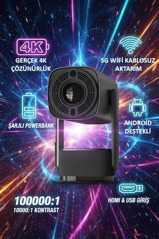 Şarjlı 4k Led Android Projektör 5g Wi-fi Powerbank Hdmı & Usb K2