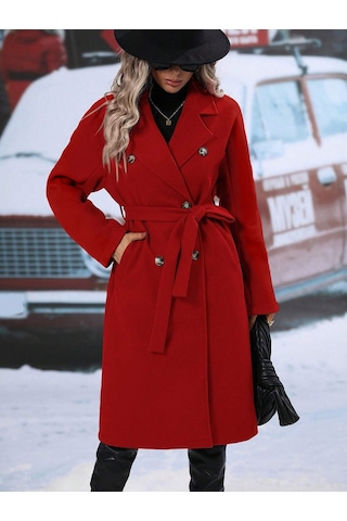 Yeni Sonbahar Ve Kış Kadın Kruvaze Bağcıklı Palto Kırmızı