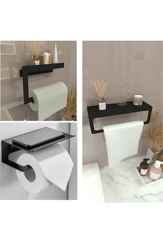 Dione Store Modern Metal 3'lü Set Raflı Banyo Havlu Askılığı Rulo Havlu Tuvalet Kağıtlık Banyo Organizer Krem