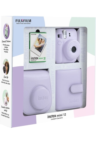 Fujifilm Instax Mini 12 Fotoğraf Makinesi + 10'lu Film Kare Albüm + Deri Kılıf Bundle Box Lila