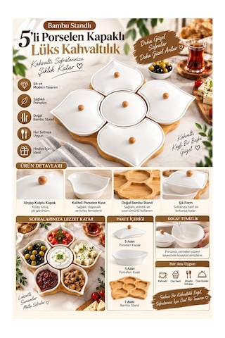 Bambu Standlı 5 Li Porselen Kapaklı Lüks Kahvaltılık Beyaz