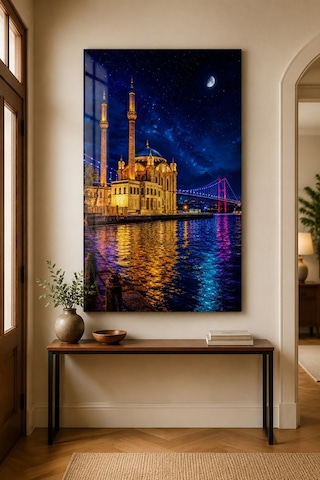 Ortaköy Camii Baskılı Cam Tablo Gece Boğaz Manzaralı Duvar Dekoru