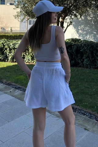 WeShaya Kadın Beyaz Cepli, Bağcıklı, Beli Lastikli, Salaş Müslin Şort Beyaz