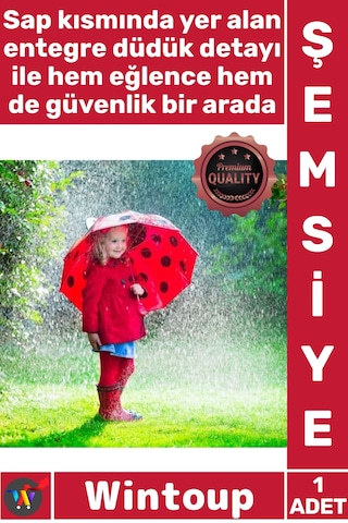 Wintoup Şemsiye 3d Kulaklı Kırmızı Benekli Su Geçirmez Güvenli Uğur Böceği Tasarımı Düdüklü Çocuk Şemsiyesi Çok Renkli