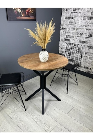 Nisa Ceviz Yuvarlak Mutfak Masası Yemek Masası Balkon Masası Metal Siyah Ayak 70 Cm
