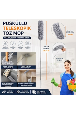 Mikrofiber Püsküllü Manyetik Anti-statik Toz Alma Mopu 210 Cm Teleskopik Uzayabilen Saplı Bükülebilir Başlıklı 40 Cm Püs