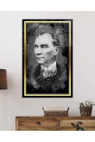 Miyrem Glasses Collection -a1^ Gold Şerit Atatürk Portresi Siyah Beyaz Cam Tablo