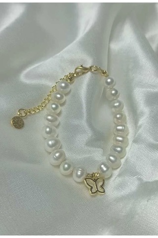 24k Altın Kaplama Gerçek İnci Kelebek Detaylı Trend Bileklik Beya Gold