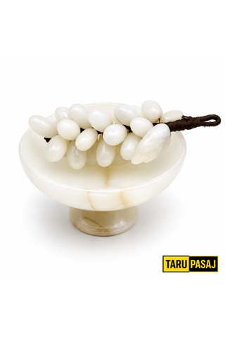 Feng Shui Bereket Üzümü Ve Van Taşı Ayaklı Çanak Seti 30 Taneli Doğal Taş Üzüm Salkımı Dekor 5 İnç El Yapımı Çanak Beyaz