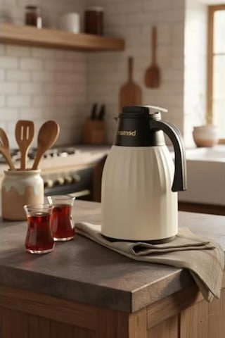 1 Litre Kapasiteli Cam Termos, Krem Rengi İle Şık Bir Görünüm Açık Beyaz