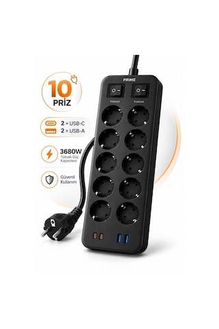 10 Lu Akım Korumalı Grup Priz 3680w, 2 Usb-c + 2 Usb-a, 1050j, 2 Metre Kablo 0 - 2 M